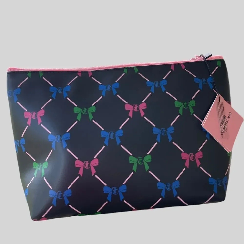 Juicy Couture Bow Print Cosmetic Bag Makeup Travel Case NWT Pink Logo Pouch
